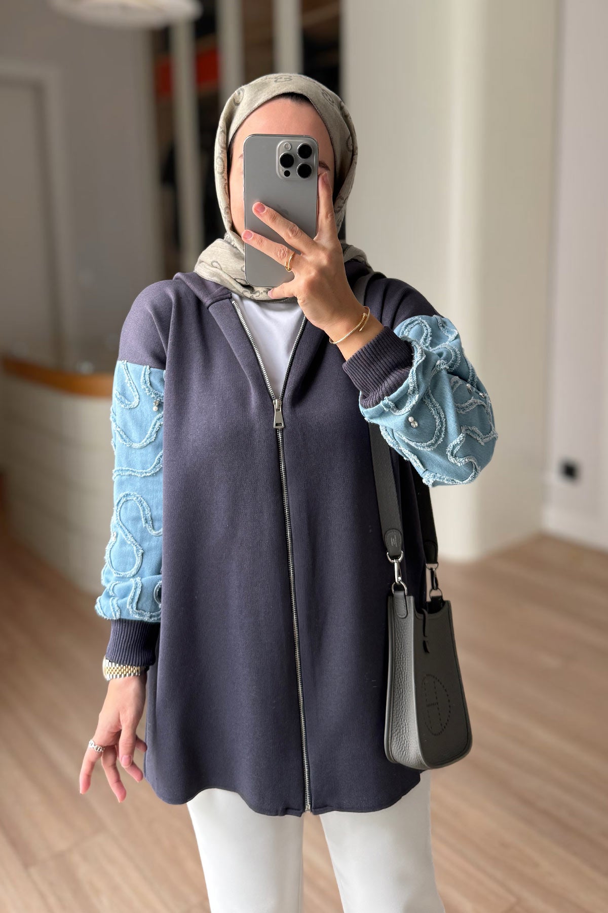 Knitwear Cardigan with Denim Detail - Smoked Colored