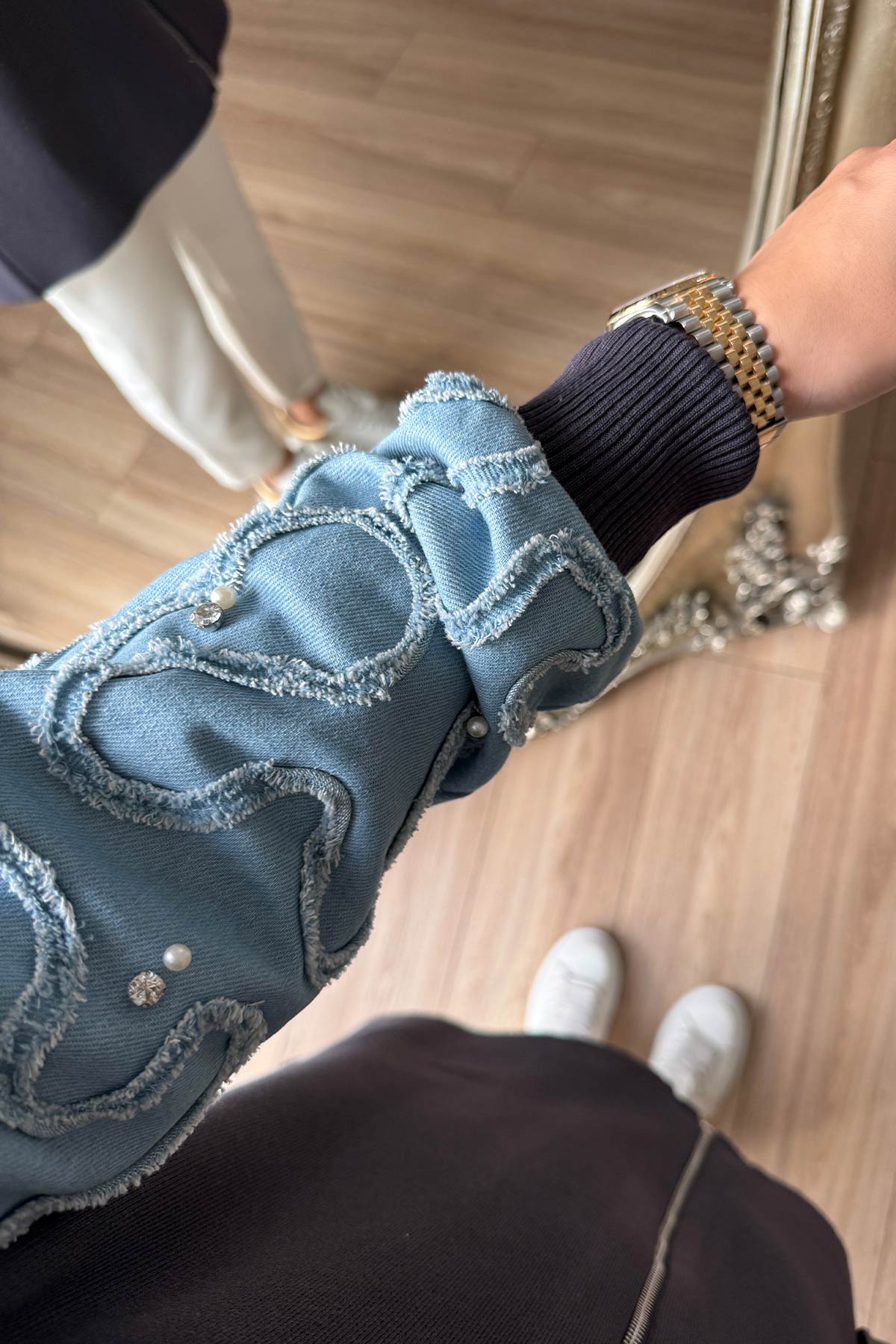 Knitwear Cardigan with Denim Detail - Smoked Colored