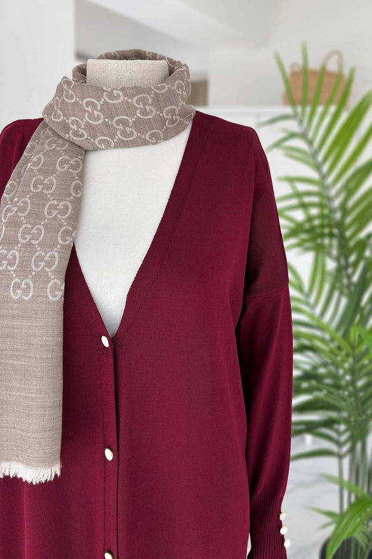 Maxi-Length Buttoned Mercerized Cardigan - Burgundy