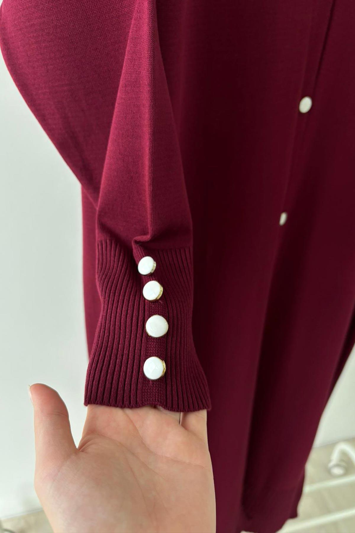 Maxi-Length Buttoned Mercerized Cardigan - Burgundy