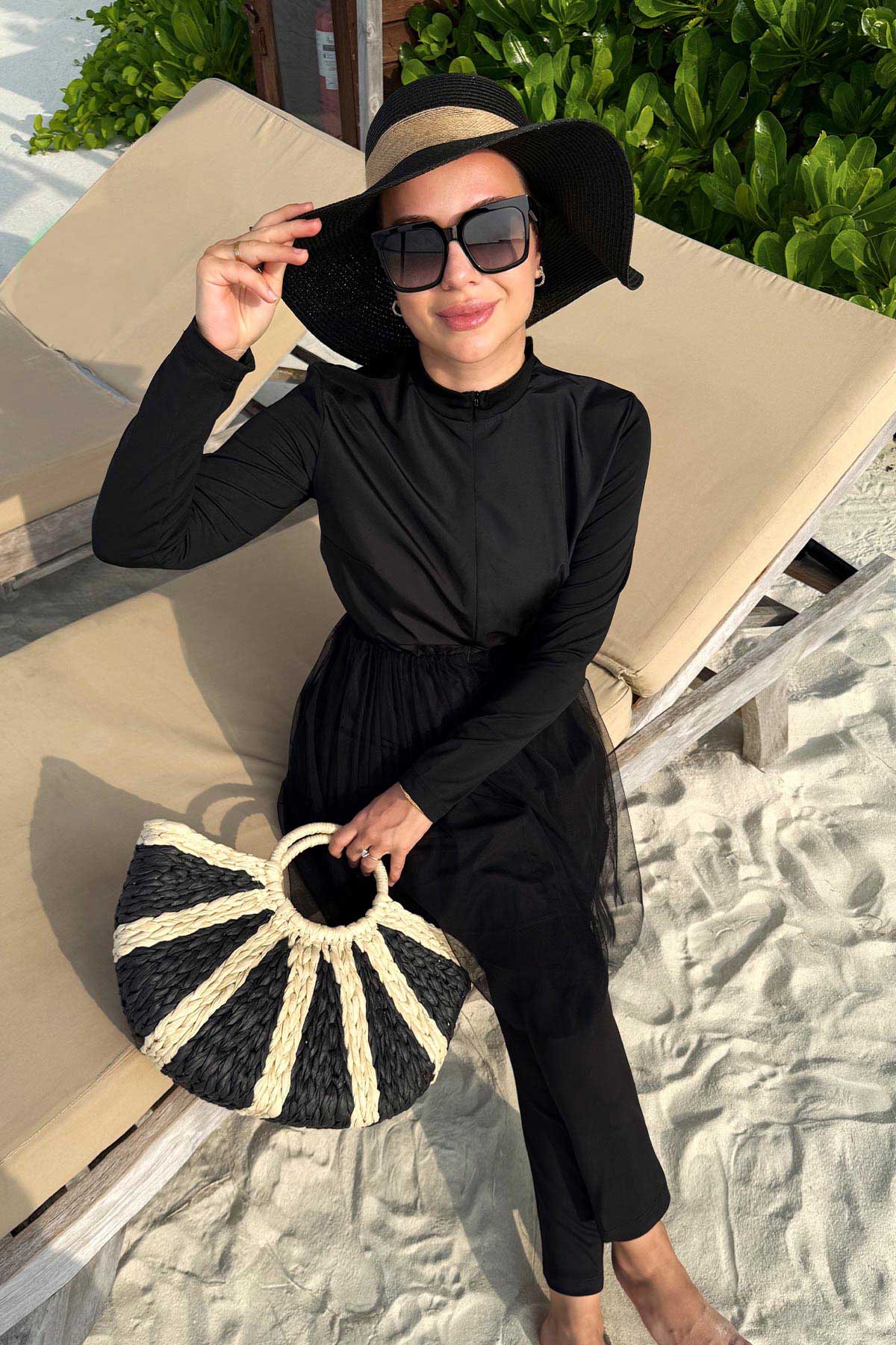 Tulle Detailed Modest Swimsuit - Black