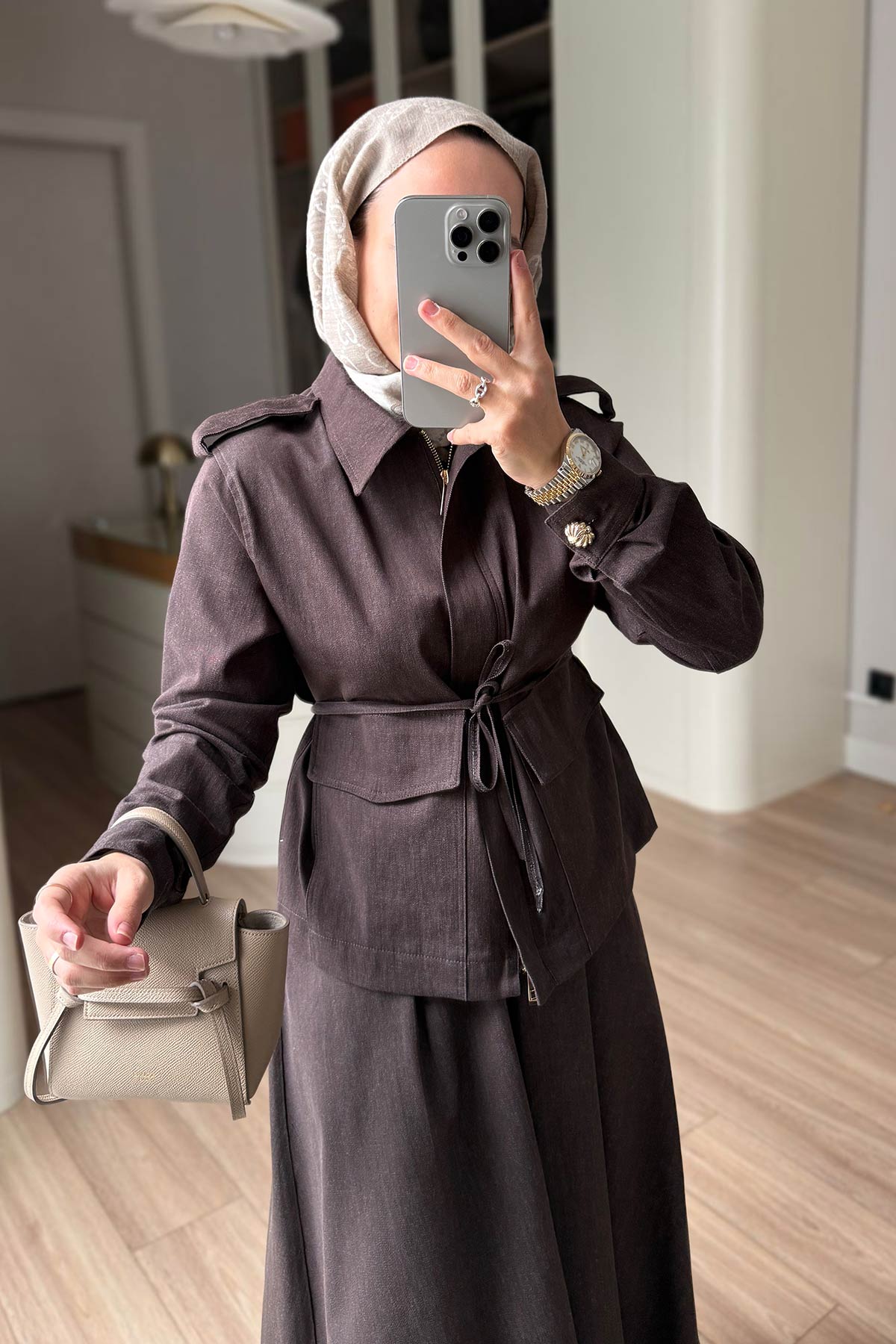 Double Pocket Denim Suit with Epaulets - Brown