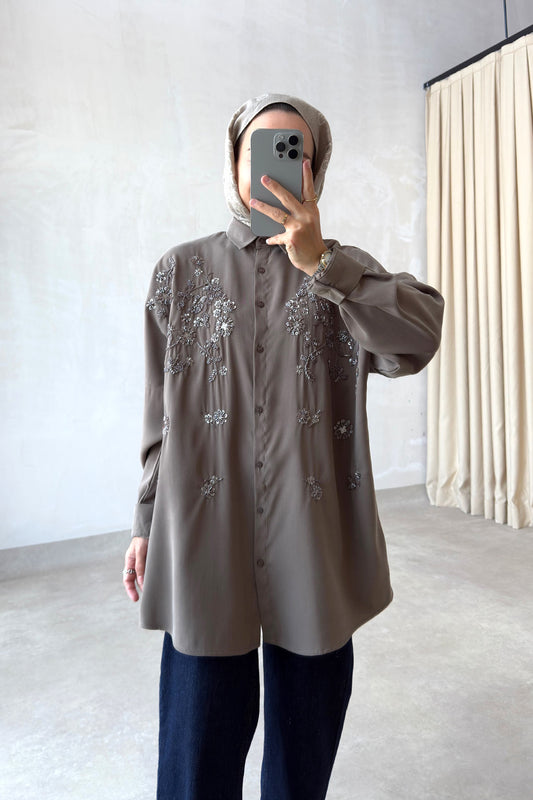 Aster Bead-Embellished Shirt - Taupe