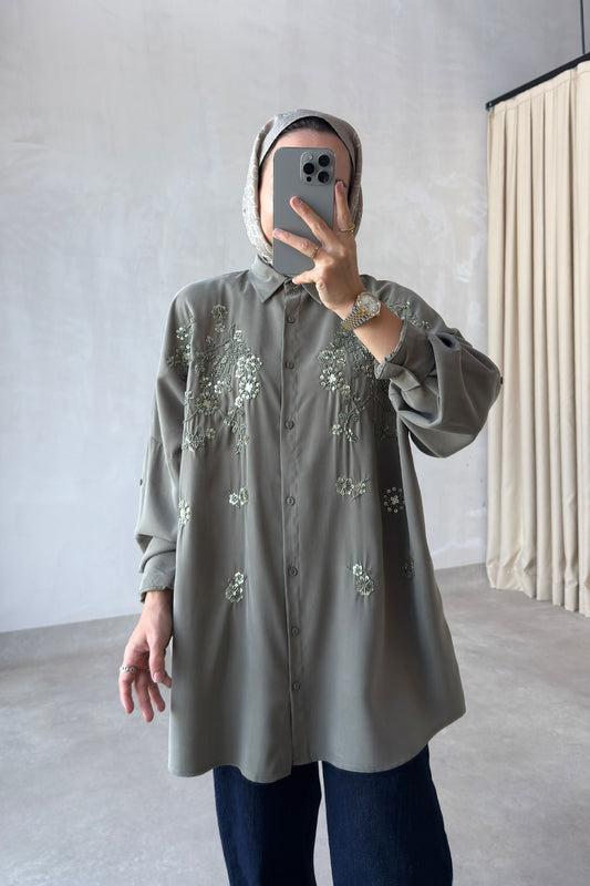 Aster Bead-Embellished Shirt - Khaki