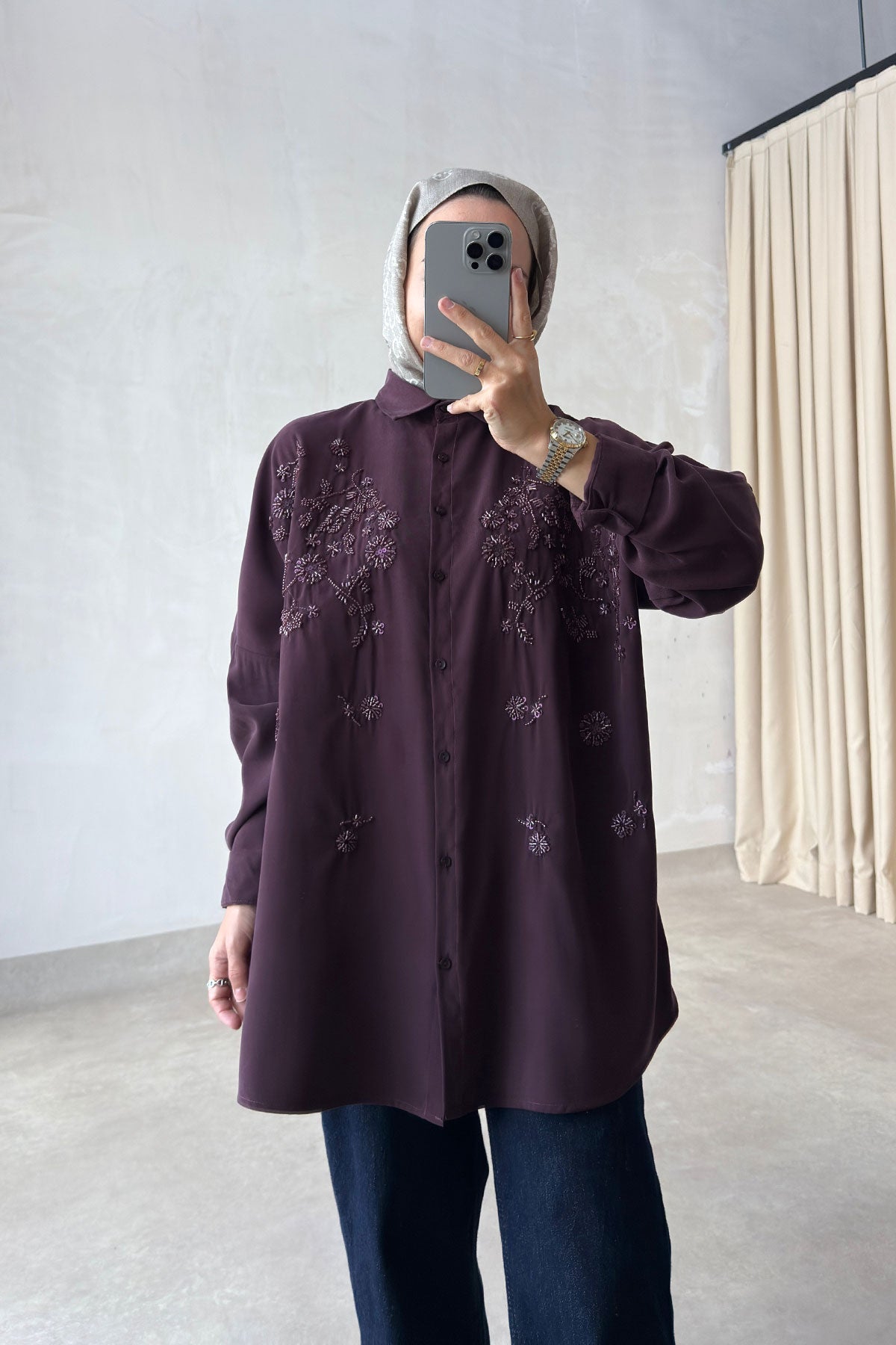 Aster Bead-Embellished Shirt - Plum