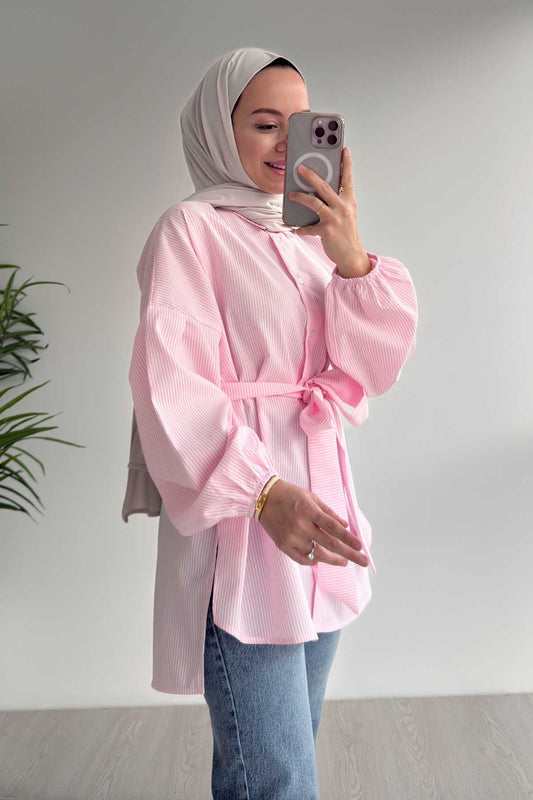 Balloon Sleeve Striped Shirt - Pink