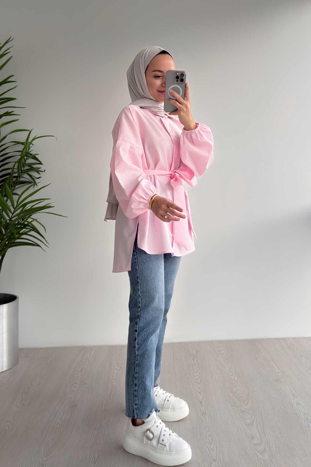 Balloon Sleeve Striped Shirt - Pink