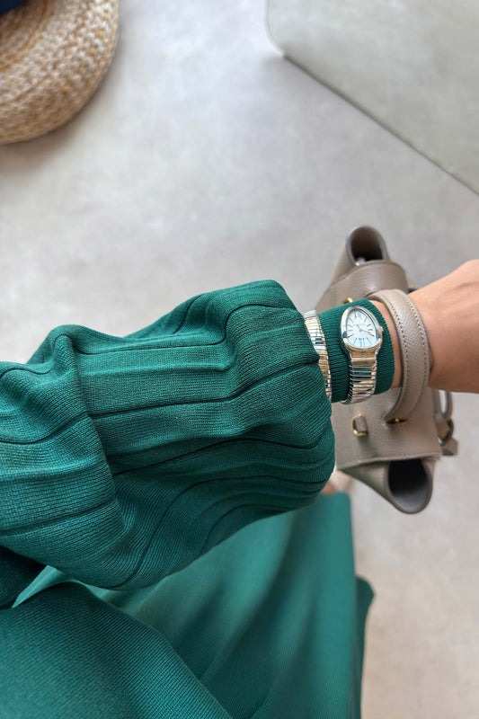 Balloon Sleeve Mercerized Dress - Emerald Color