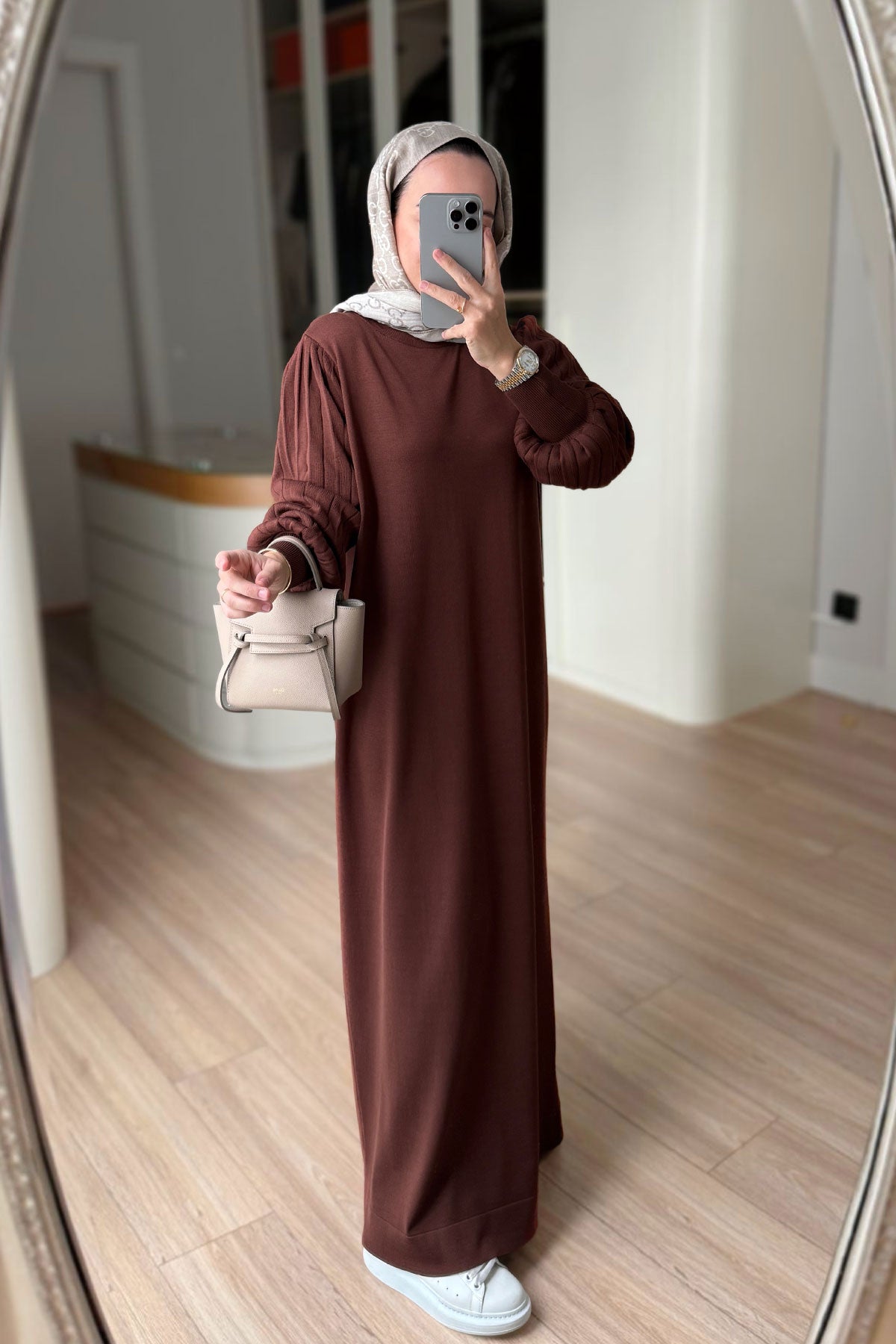 Balloon Sleeve Mercerized Dress - Brown