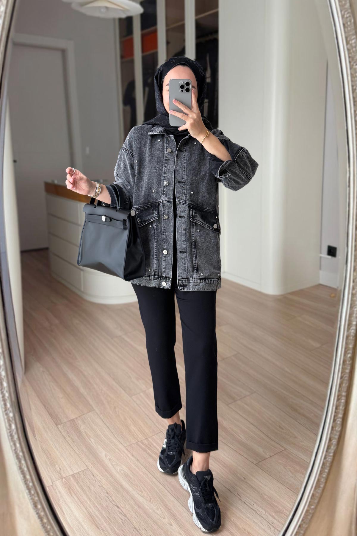 Denim Jacket with Double Pocket Stones - Anthracite