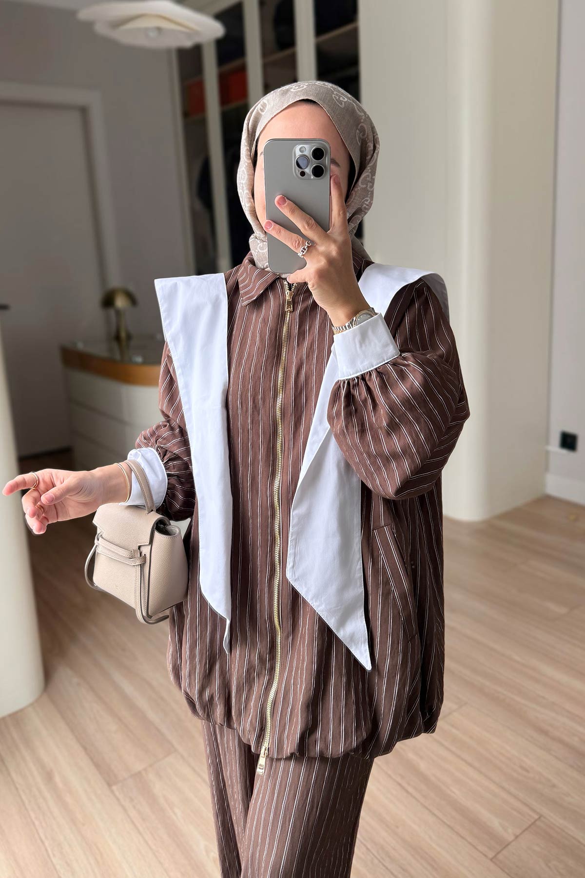 Striped Suit with Scarf Detail - Brown