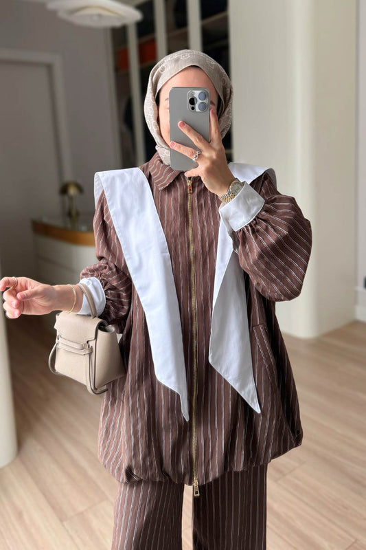 Striped Suit with Scarf Detail - Brown