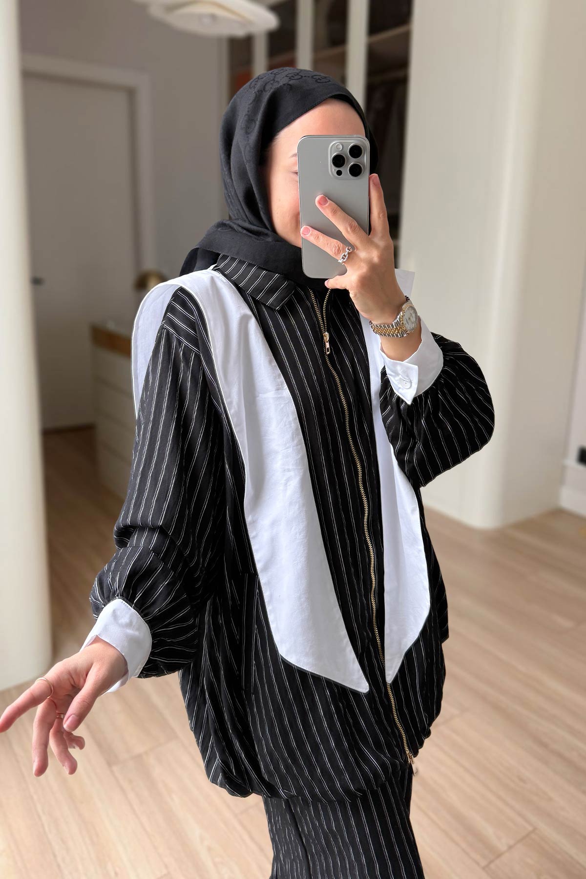 Striped Suit with Scarf Detail - Black