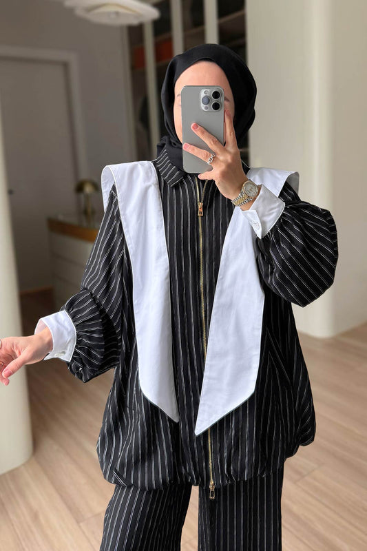 Striped Suit with Scarf Detail - Black