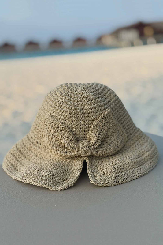 Straw Hat with Hand Knitted Bow - Beige