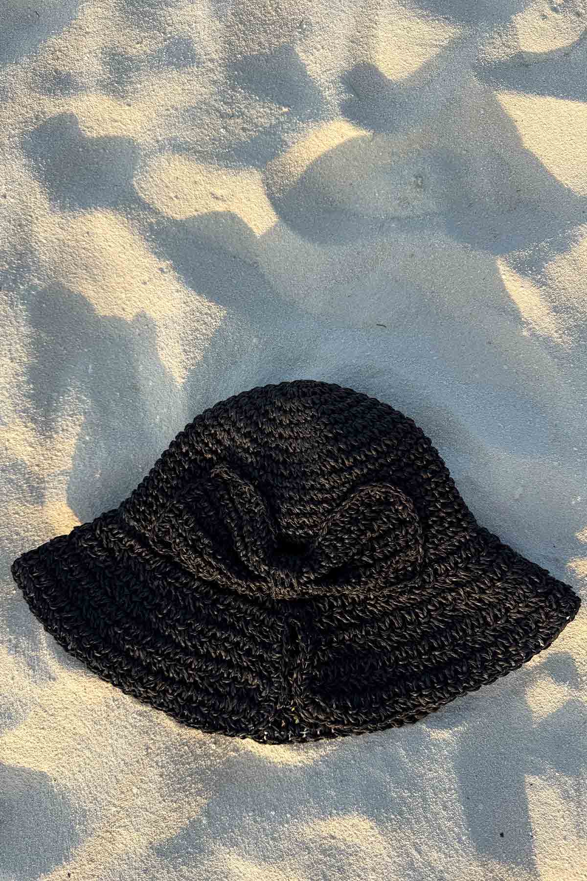 Straw Hat with Hand Knitted Bow - Black