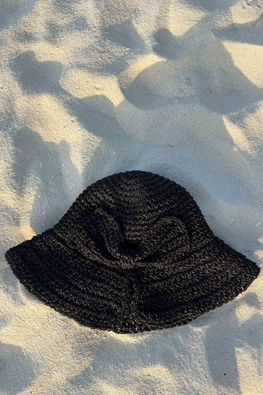 Straw Hat with Hand Knitted Bow - Black