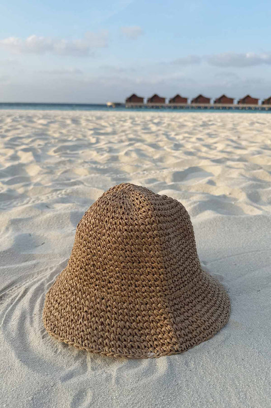 Hand Knitted Straw Hat - Camel