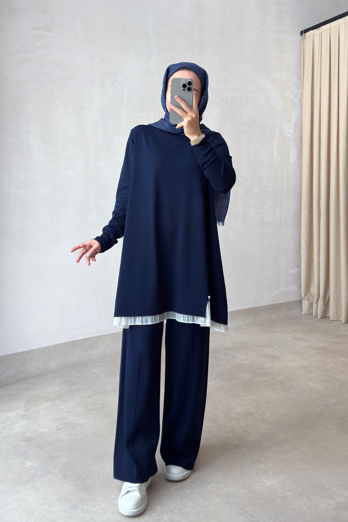 Mercerized Suit with Tulle Hem Detail - Navy