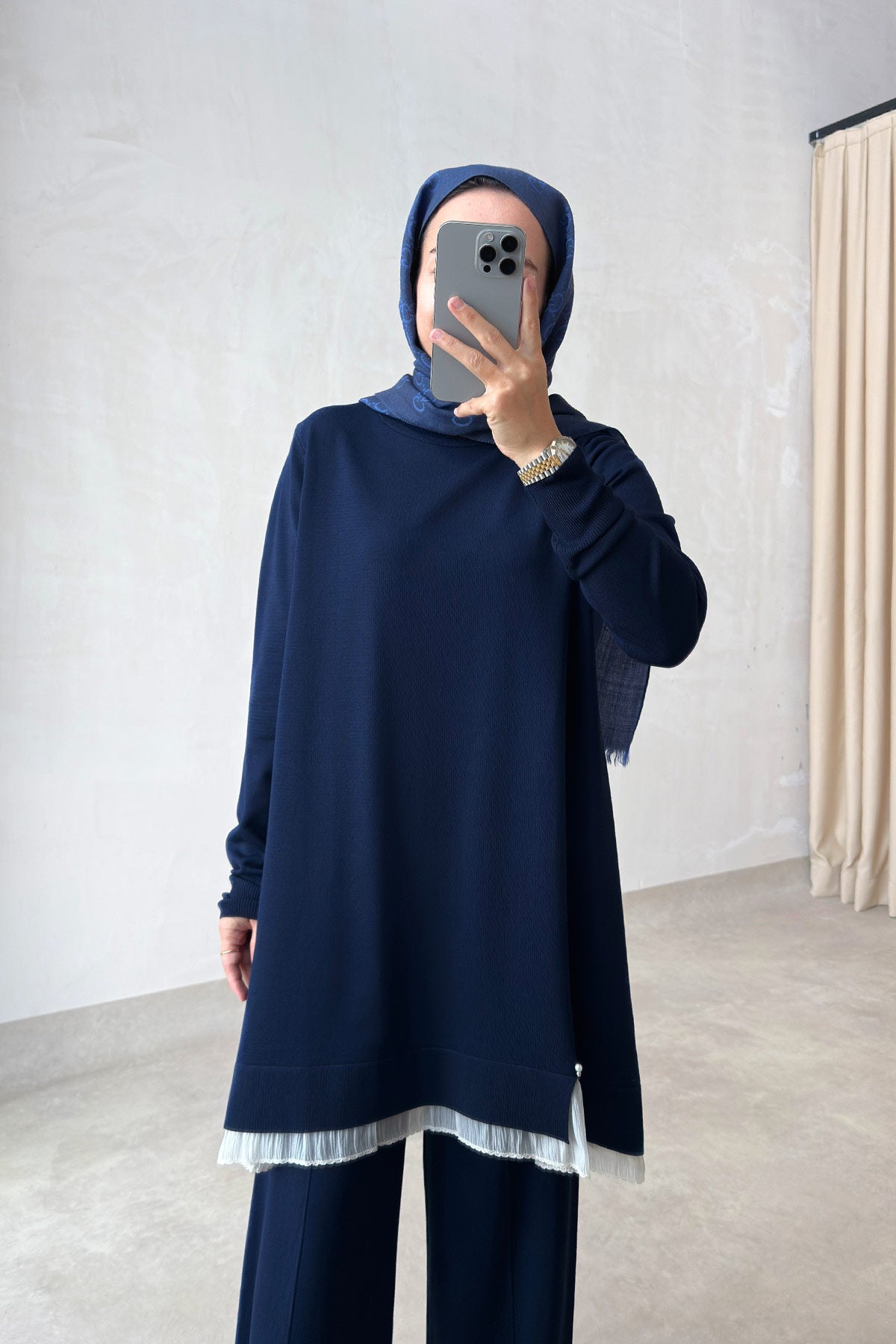 Mercerized Suit with Tulle Hem Detail - Navy