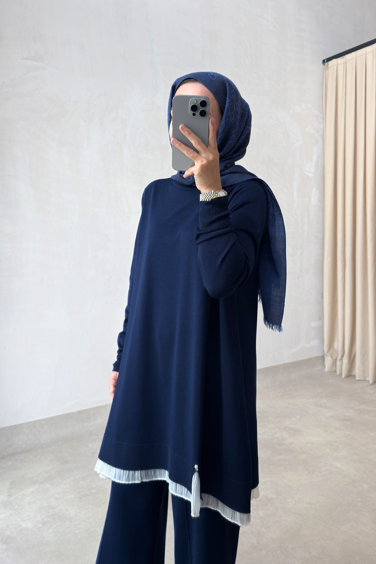 Mercerized Suit with Tulle Hem Detail - Navy
