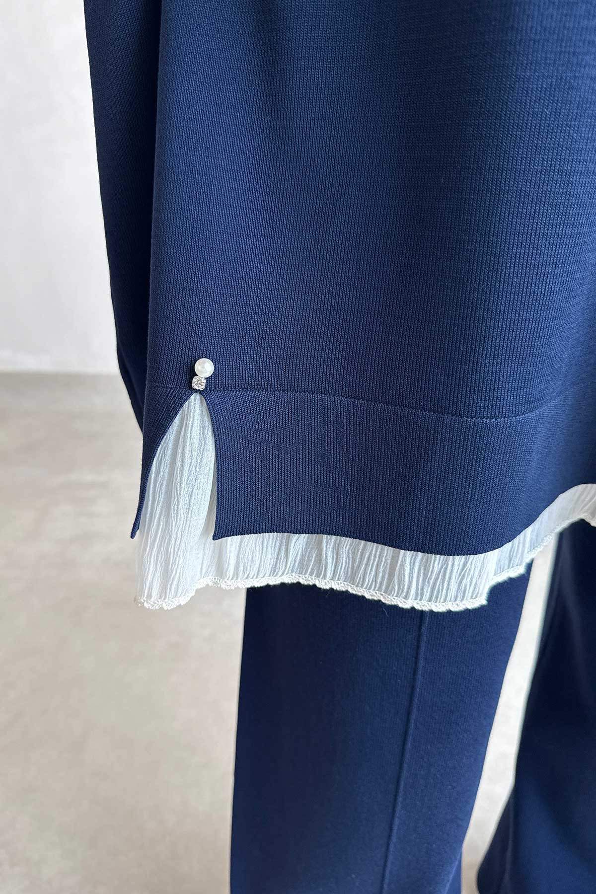 Mercerized Suit with Tulle Hem Detail - Navy