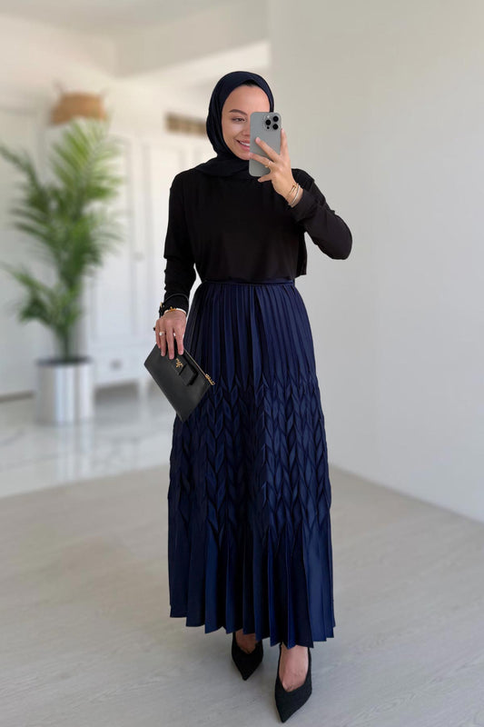 Self-Patterned Pleated Skirt - Navy Blue