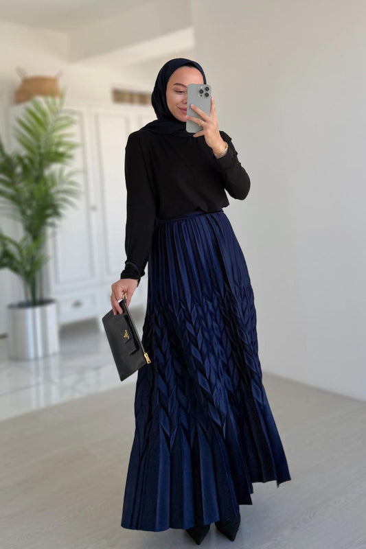Self-Patterned Pleated Skirt - Navy Blue