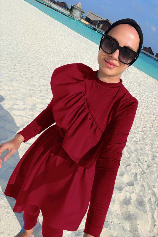 Ruffle Detail Modest Swimsuit - Burgundy