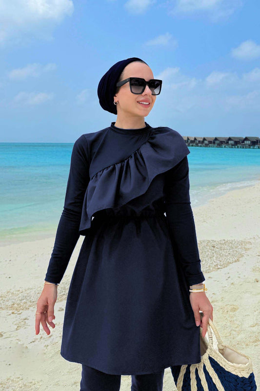 Ruffle Detail Modest Swimsuit - Navy Blue