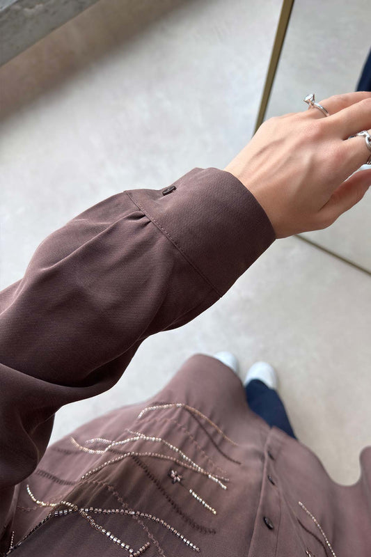 Oversized Shirt with Geometric Embroidery - Brown