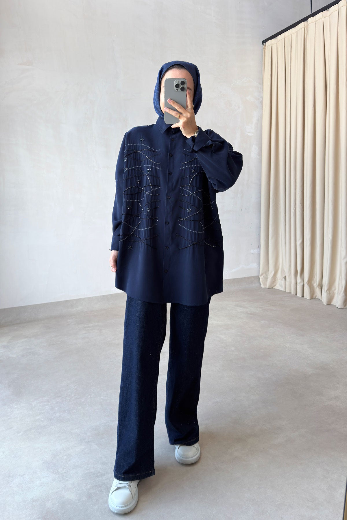Oversized Shirt with Geometric Embroidery - Navy