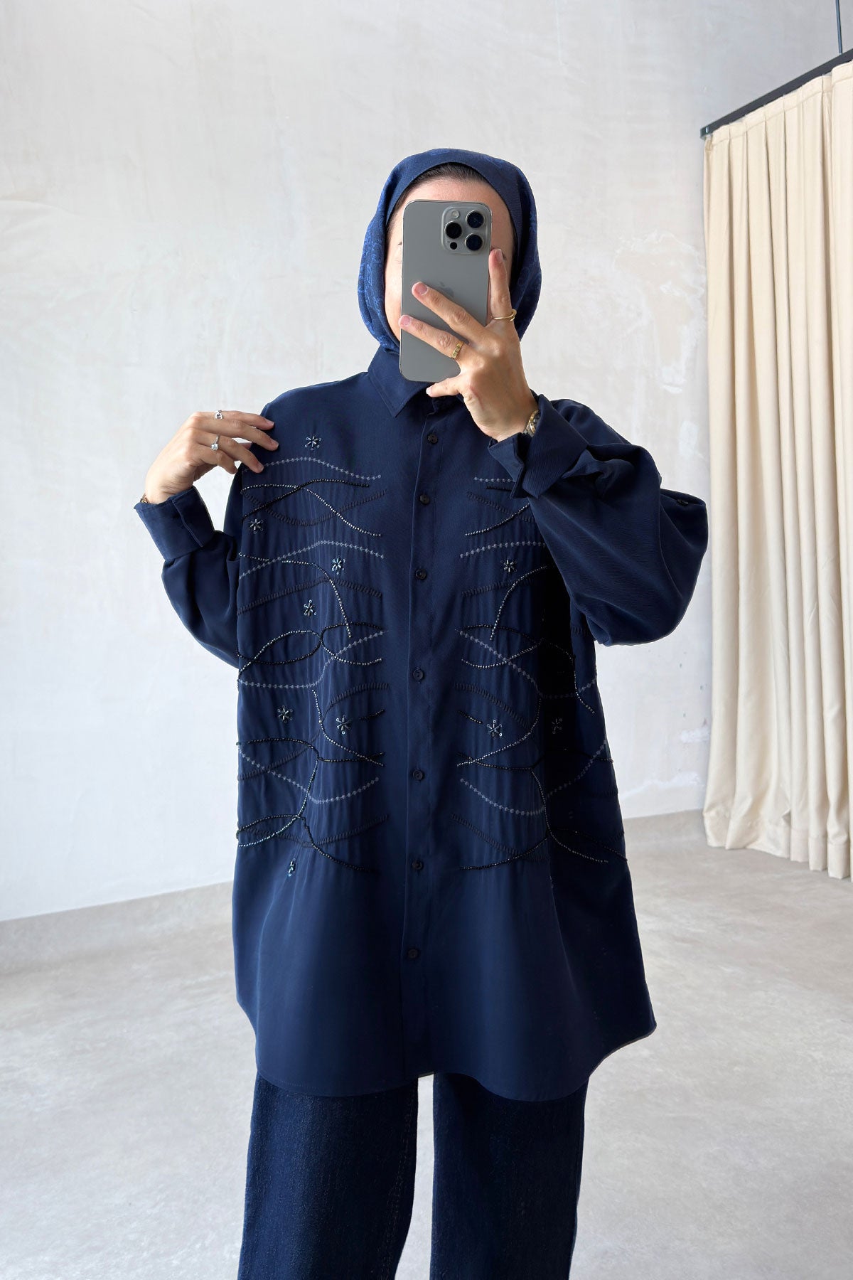 Oversized Shirt with Geometric Embroidery - Navy