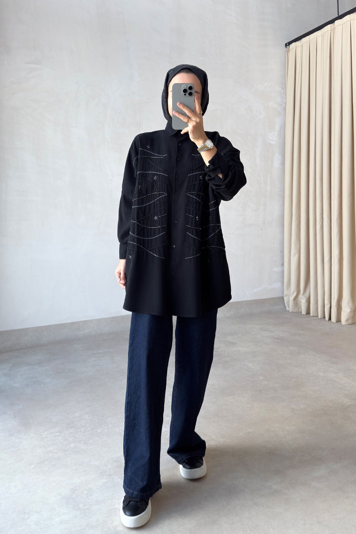 Oversized Shirt with Geometric Embroidery - Black