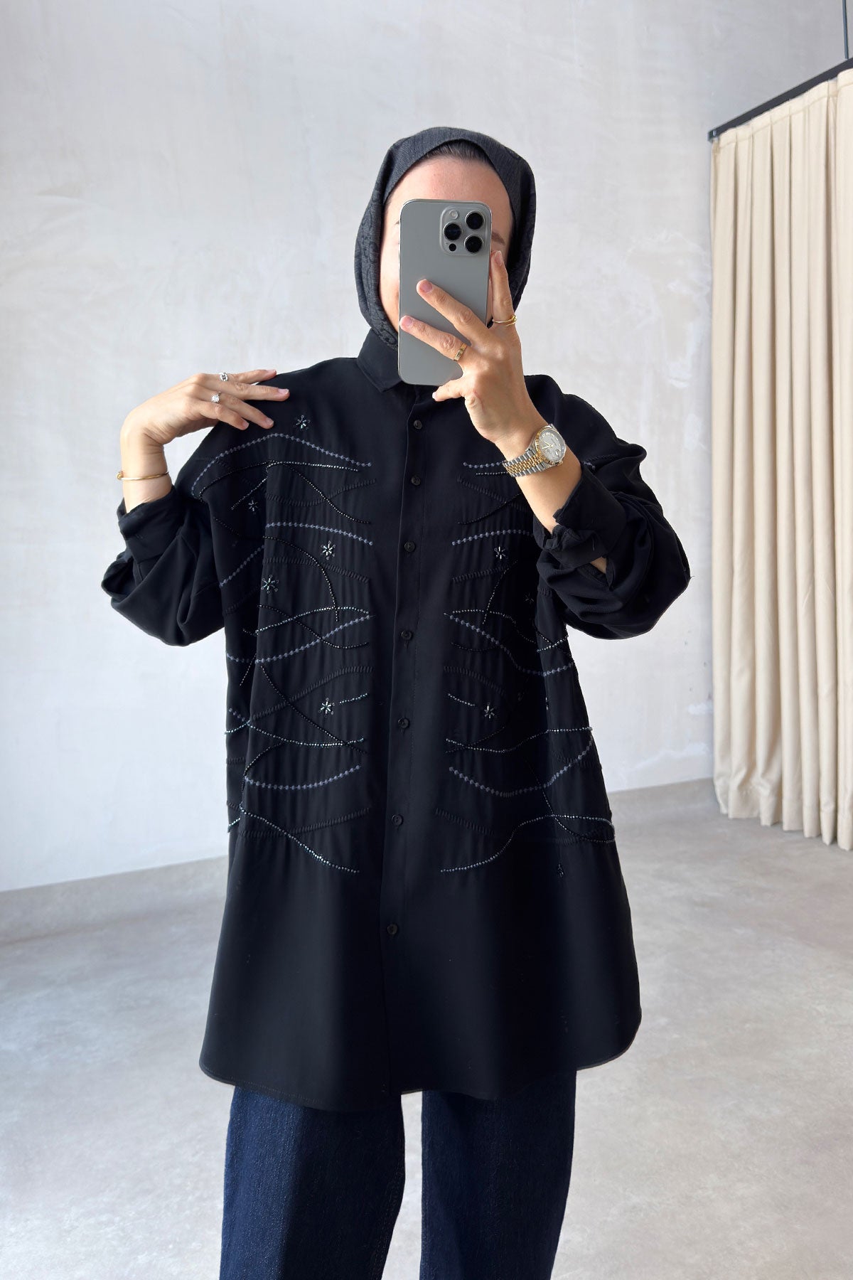 Oversized Shirt with Geometric Embroidery - Black