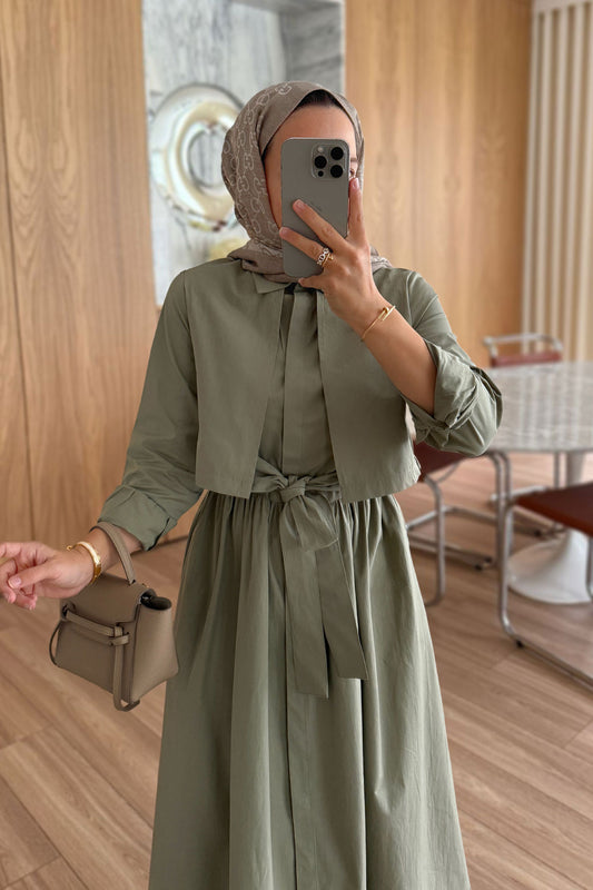Belted Shirt Collar Poplin Dress - Green
