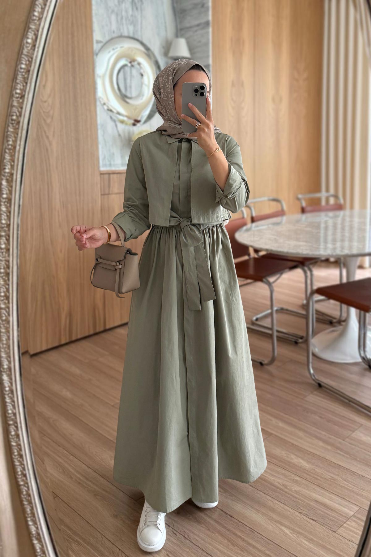 Belted Shirt Collar Poplin Dress - Green