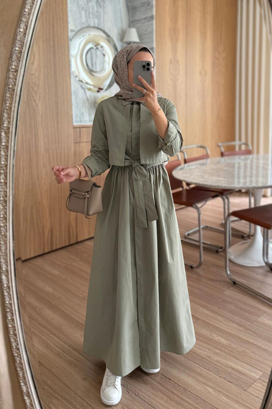 Belted Shirt Collar Poplin Dress - Green