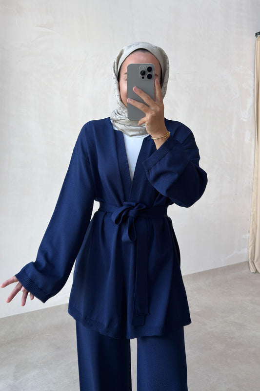 Premium Rayon Two-Piece Suit with Cardigan - Navy Blue