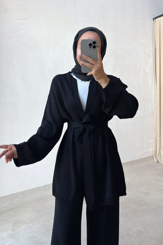 Premium Rayon Two-Piece Suit with Cardigan - Black