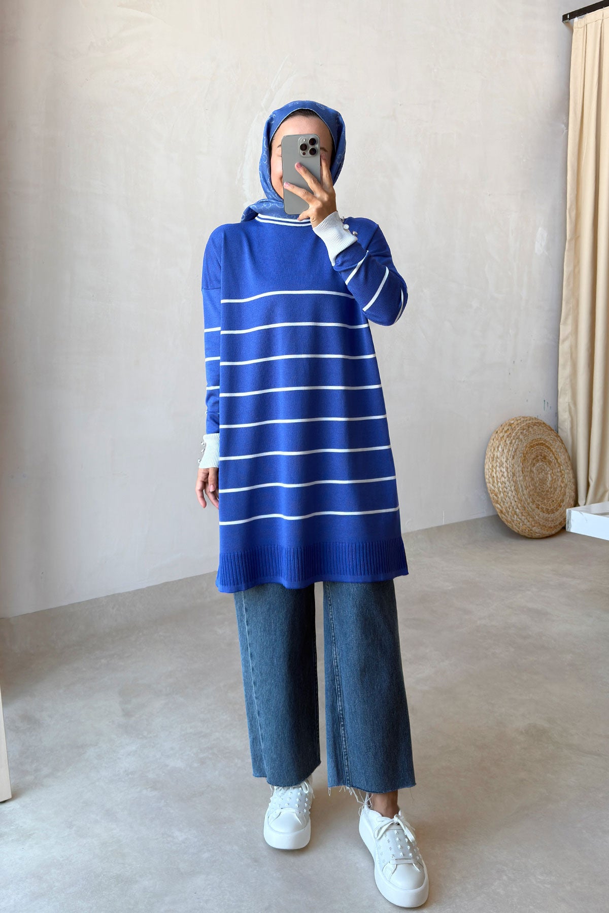 Bicycle Collar Striped Mercerized Tunic - Indigo