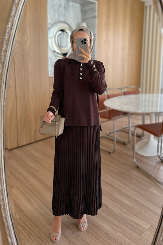 Shimmer Detail Skirted Mercerized Suit - Brown