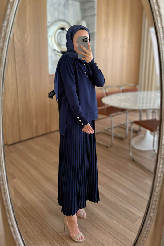 Shimmer Detail Skirted Mercerized Suit - Navy Blue