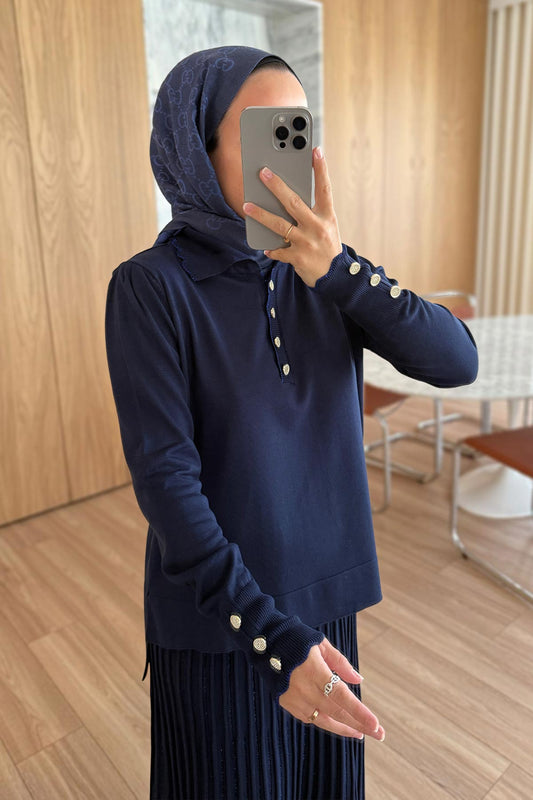 Shimmer Detail Skirted Mercerized Suit - Navy Blue