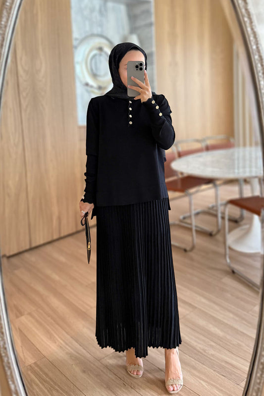 Shimmer Detail Skirted Mercerized Suit - Black