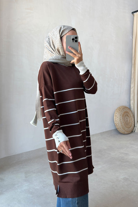 Bicycle Collar Striped Mercerized Tunic - Brown