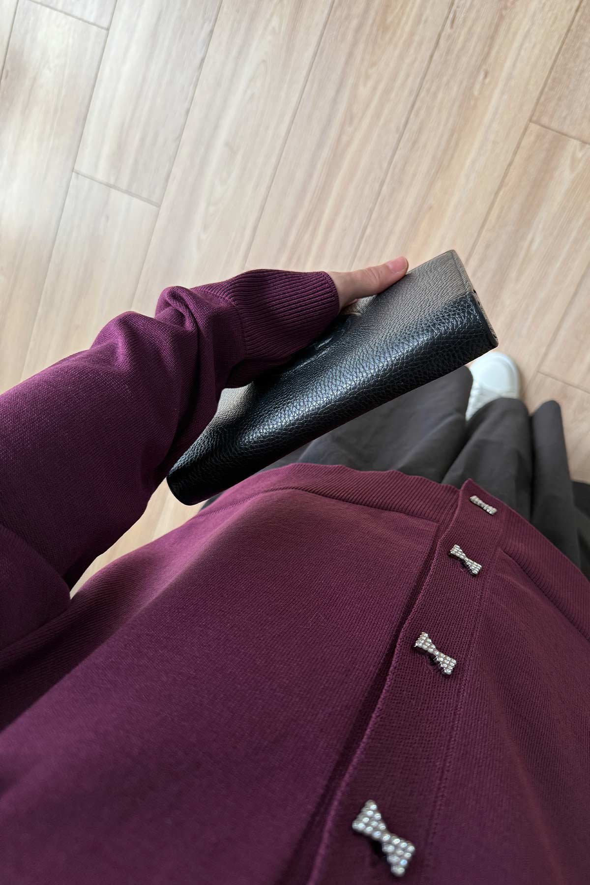 Brooch Detail Mercerized Cardigan - Plum