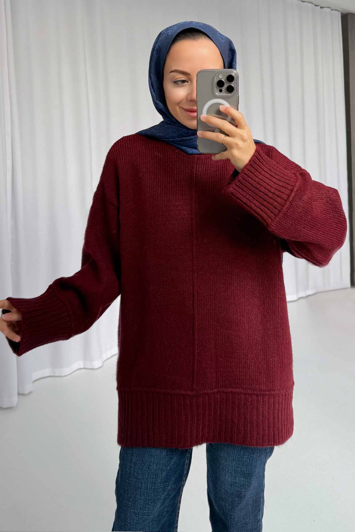 Crew Neck Low Sleeve Oversize Sweater - Burgundy