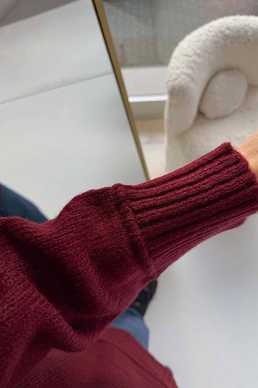 Crew Neck Low Sleeve Oversize Sweater - Burgundy
