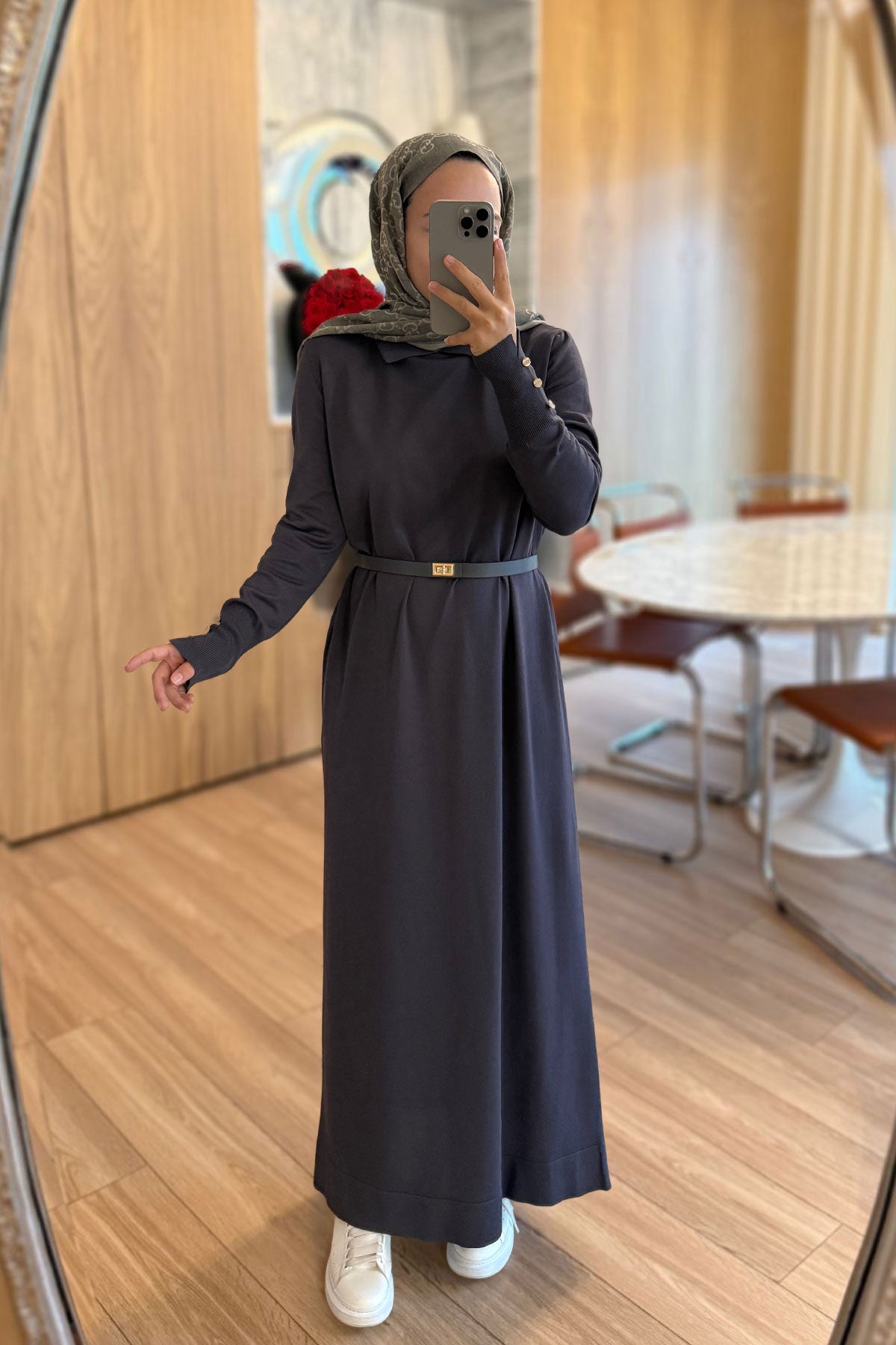 Belted Shirt Collar Mercerized Dress - Smoked Colored